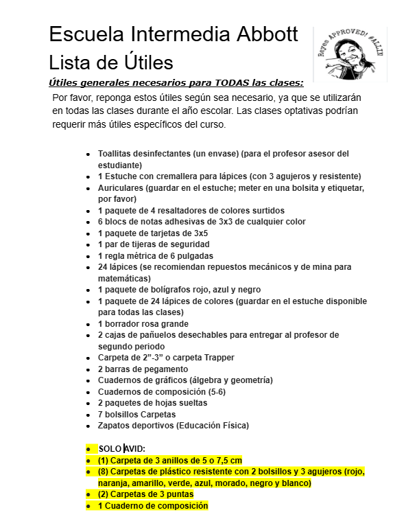 SPAN School Supply List